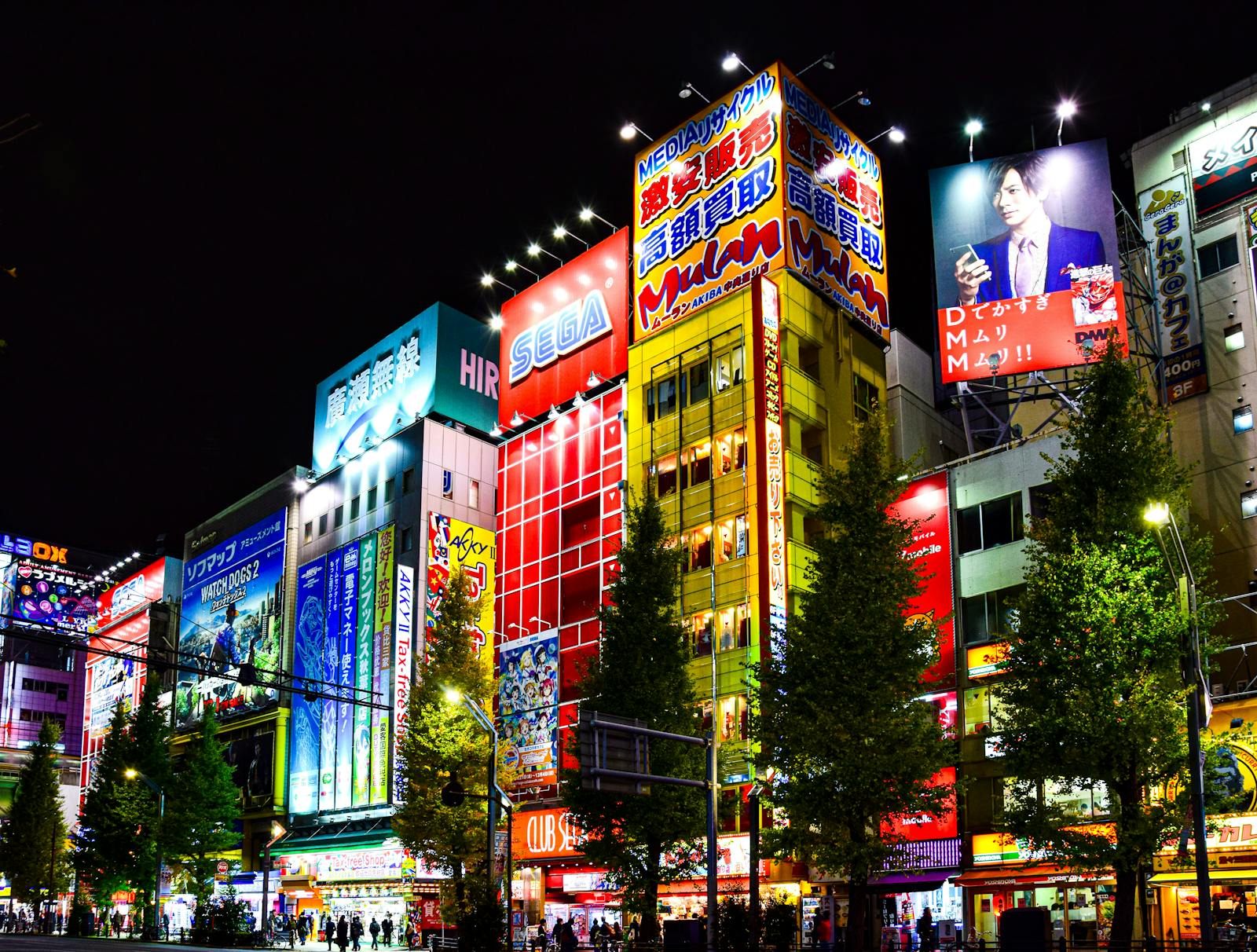 Colorful illuminated billboards and anime advertisements in Akihabara Electric Town Tokyo
