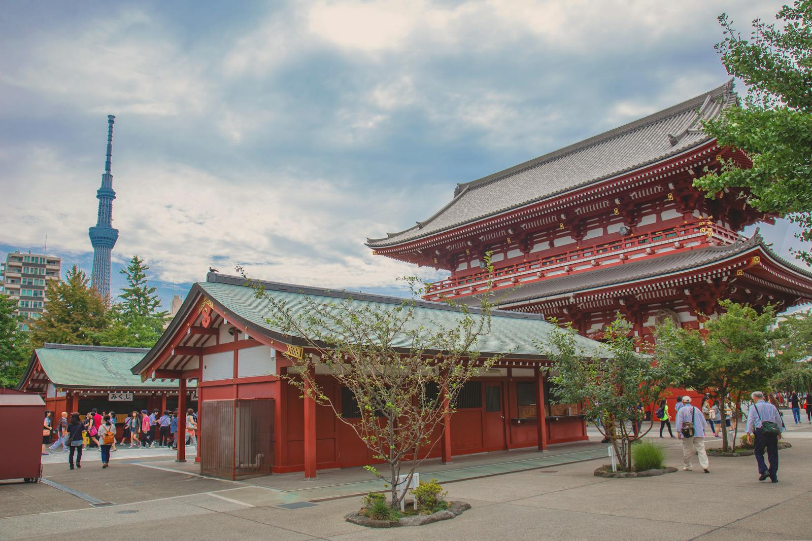Historic Sensoji Temple in Asakusa Tokyo with traditional architecture and Tokyo Skytree in background