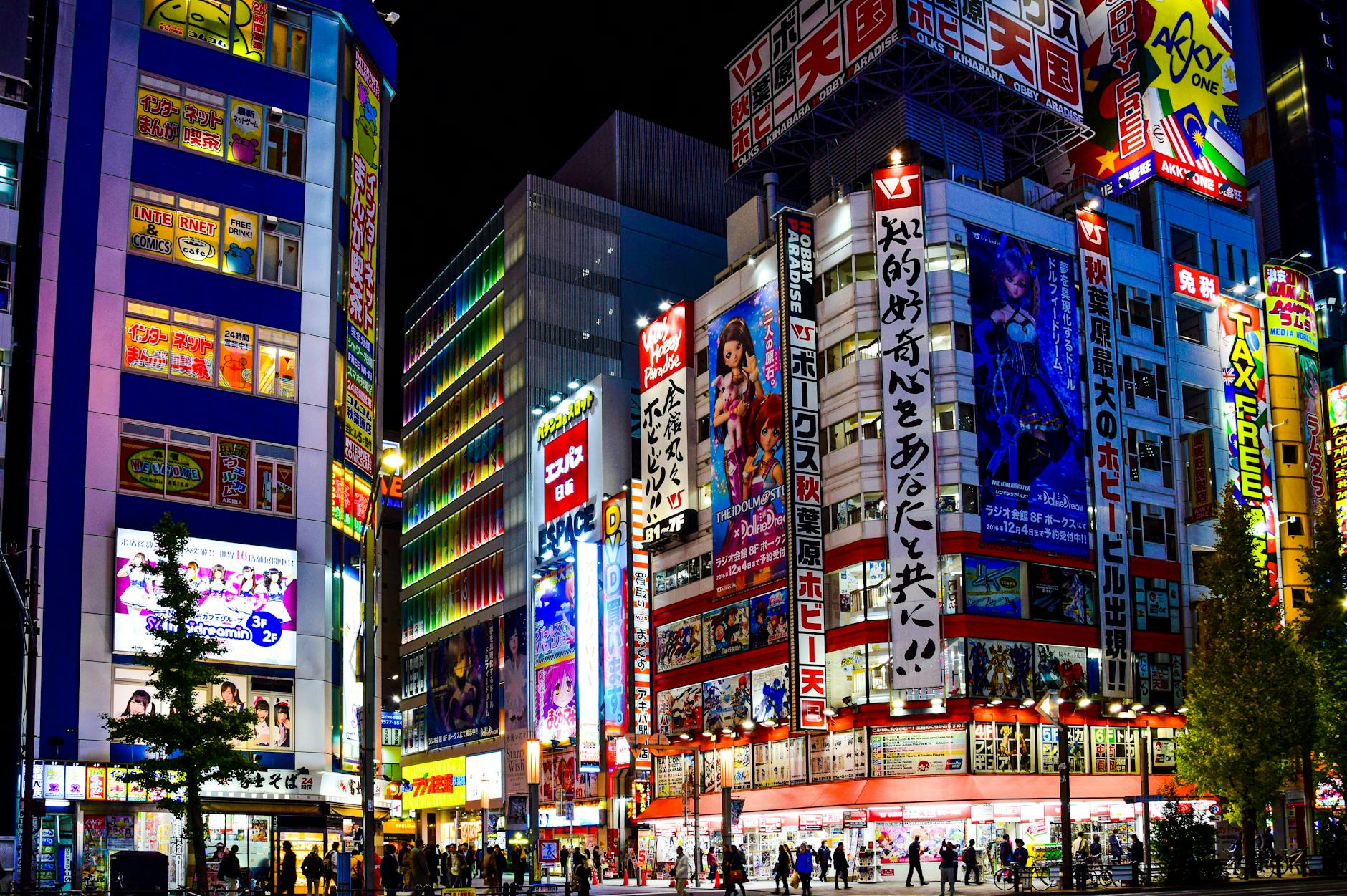 Akihabara Electric Town in Tokyo with neon signs and electronics shops