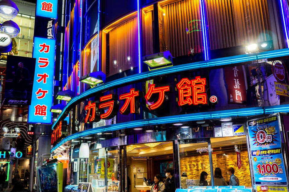 Private karaoke room interior in Tokyo with colorful lights