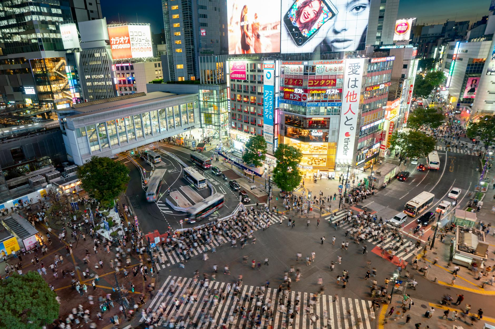 Aerial view of the famous Shibuya Crossing with thousands of pedestrians