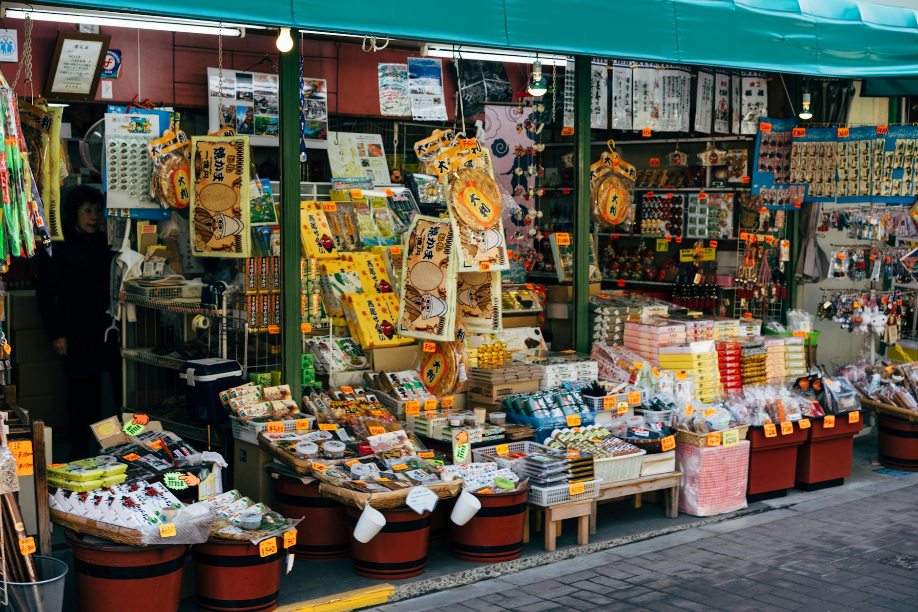 Traditional Japanese souvenirs and gifts displayed in a Tokyo shop