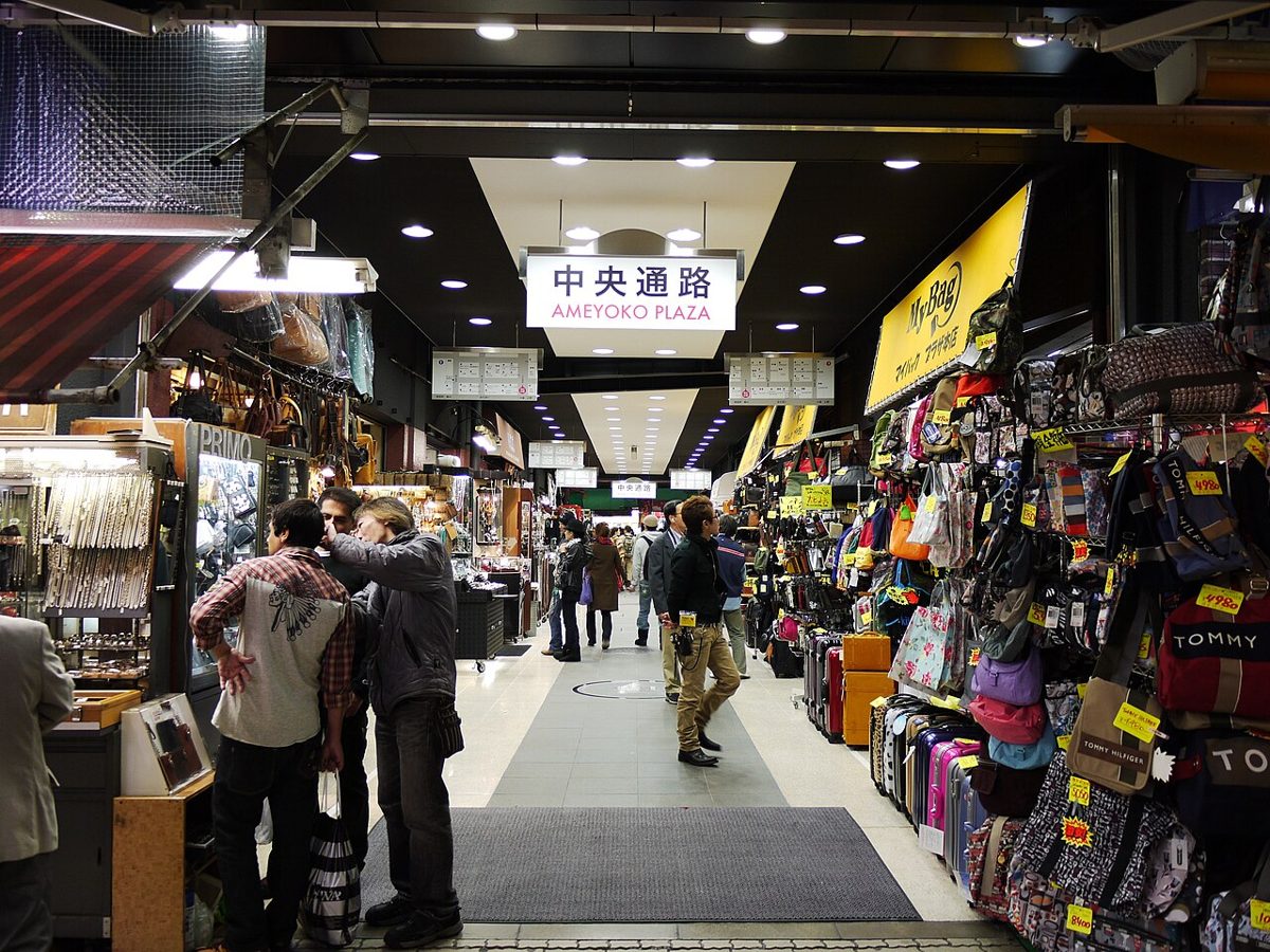 Crowded Ameyoko market street under the railway tracks in Ueno