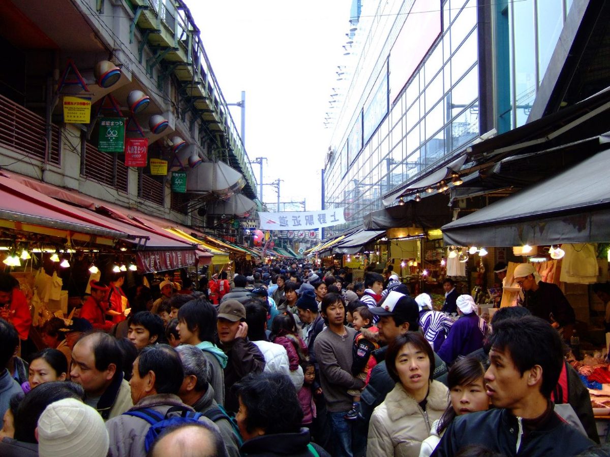 Crowded Ameyoko market street under the JR train tracks in Ueno