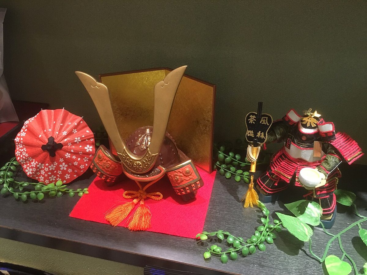 A decorative samurai helmet displayed for Children's Day