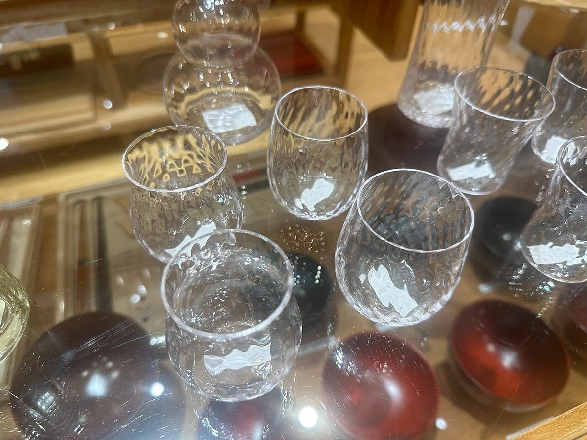 Brightly coloured Edo Kiriko cut glassware with fine geometric patterns