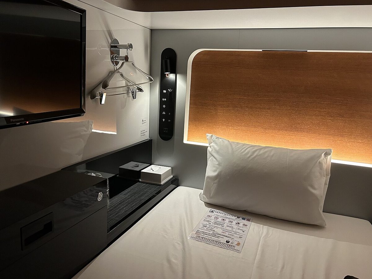 Larger first-class style cabin at a First Cabin capsule hotel in Tokyo
