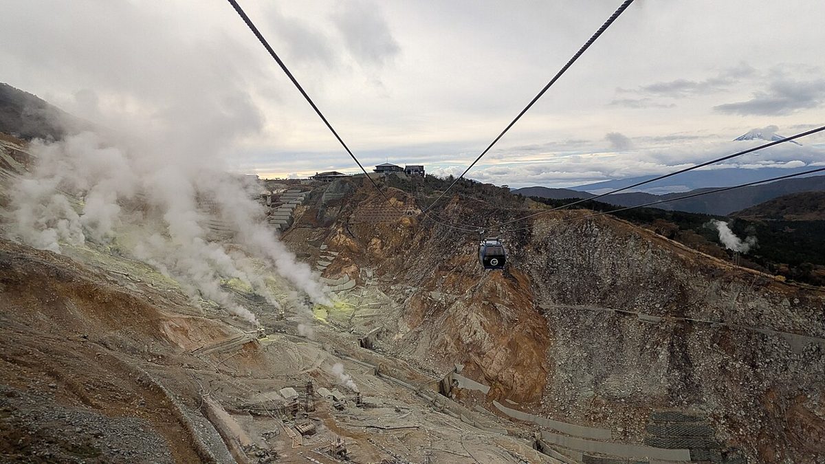Hakone Ropeway gondola above Owakudani with Mount Fuji