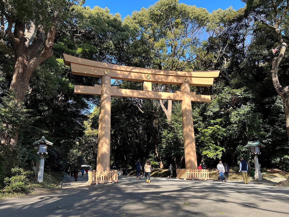 The large wooden torii gate at the forest entrance to Meiji Shrine near Harajuku