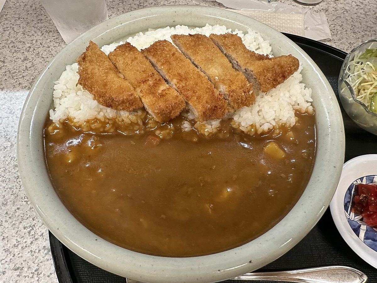 Pork katsu curry, a sliced cutlet over rice with Japanese curry sauce