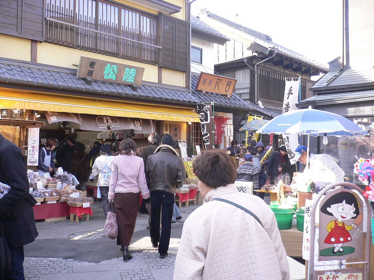 Traditional sweet shops lining Kashiya Yokocho candy alley in Kawagoe