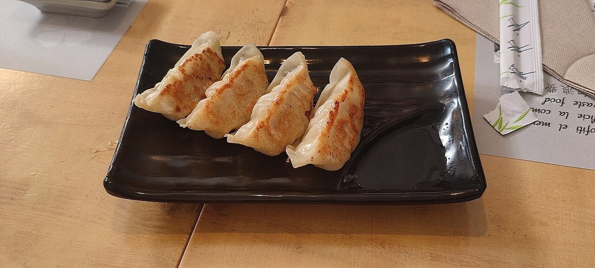 A plate of pan-fried gyoza dumplings