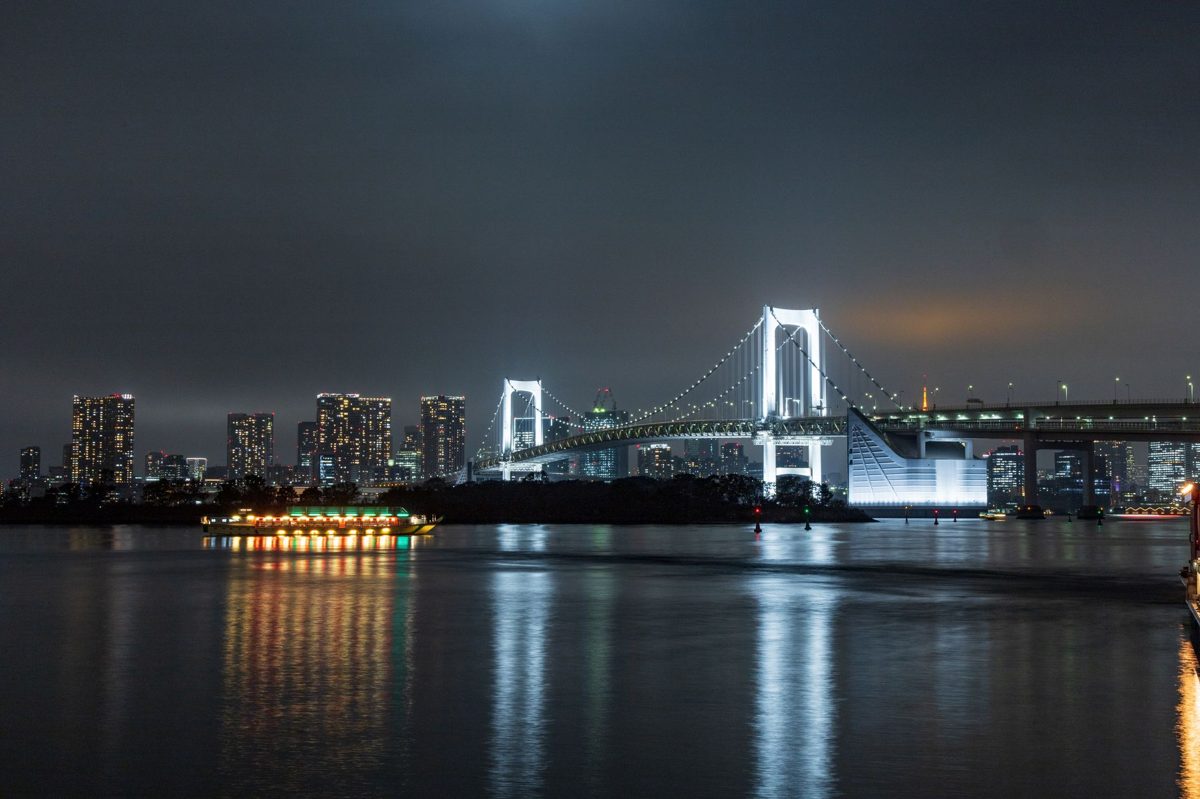The Rainbow Bridge and Tokyo bay skyline at night from Odaiba