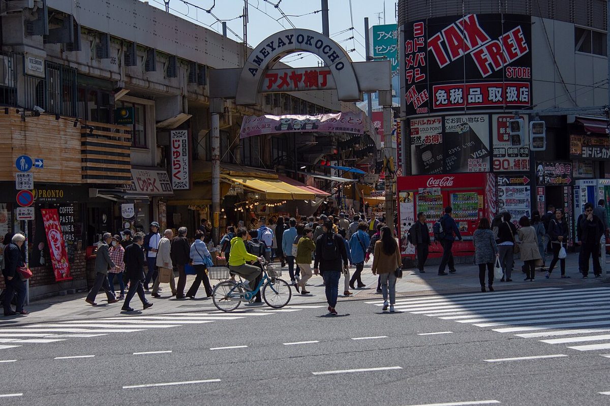 Crowds and food stalls along the Ameyoko market street in Ueno