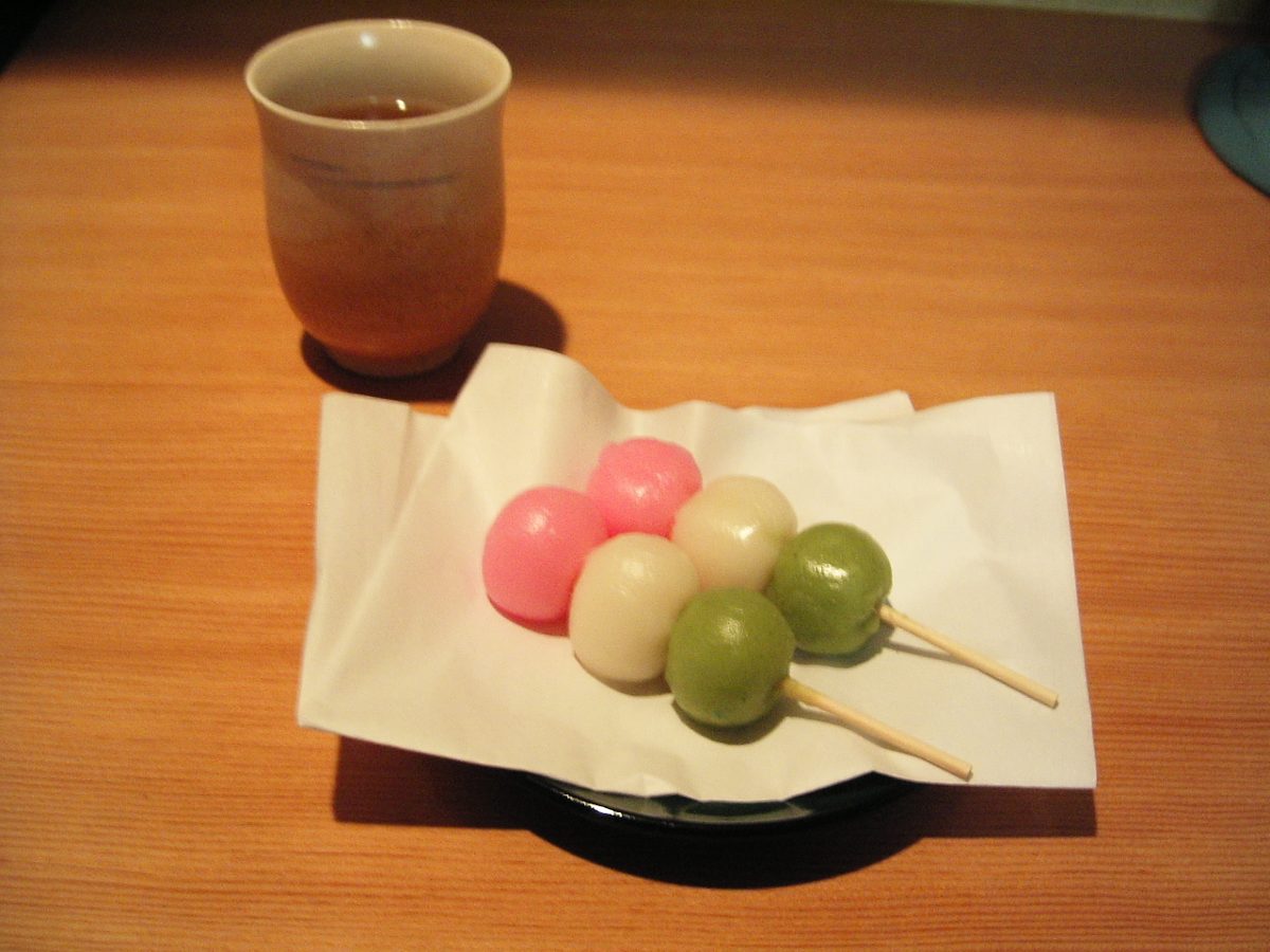 Skewers of mitarashi dango glazed with sweet soy sauce