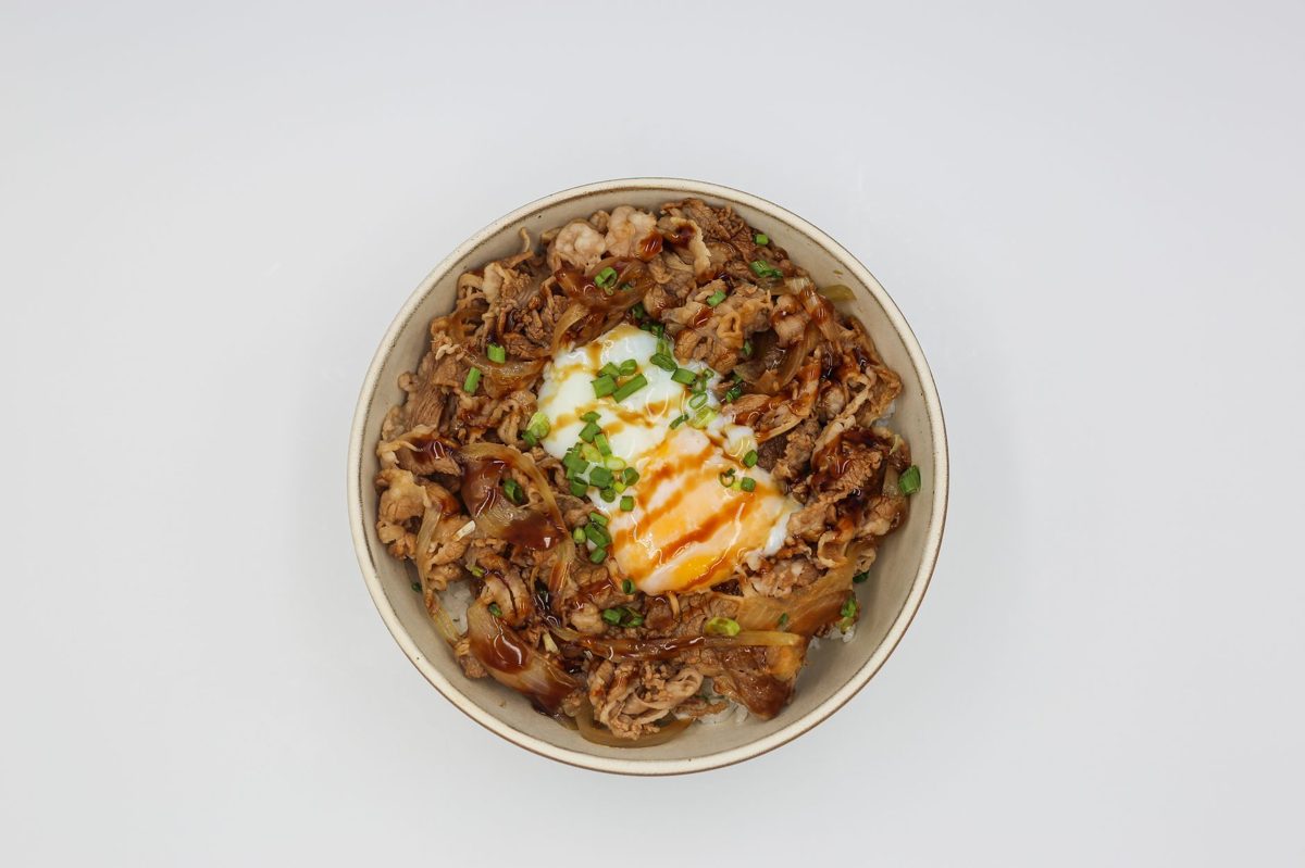 A bowl of gyudon beef over rice at a Tokyo chain restaurant