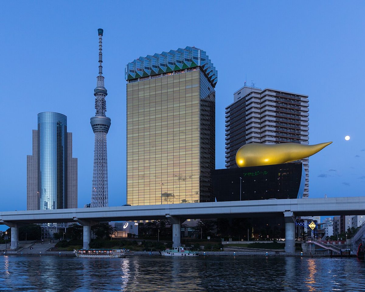 Tokyo Skytree rising above the surrounding low-rise buildings of eastern Tokyo