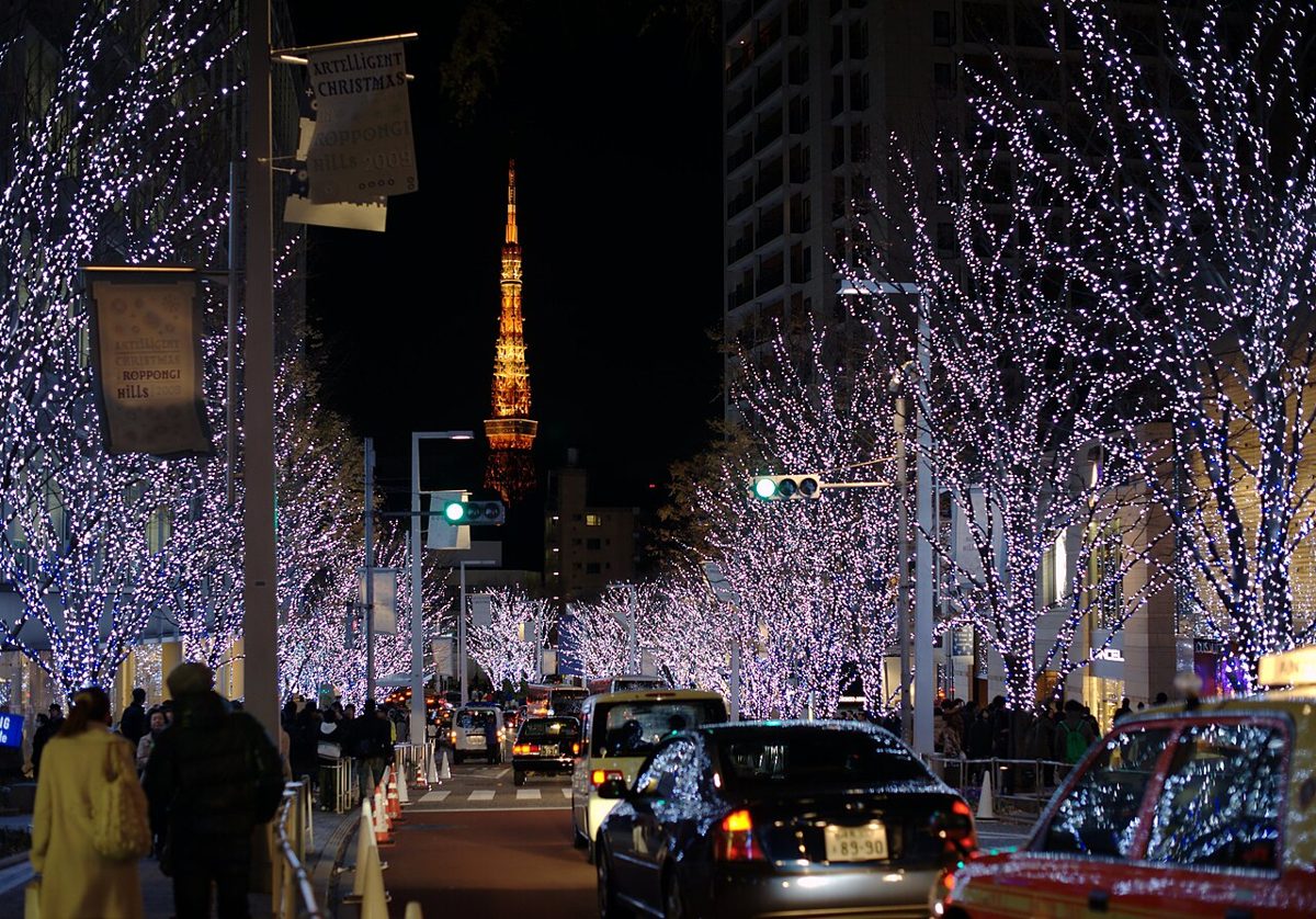 Tokyo Tower lit up against a clear winter night sky