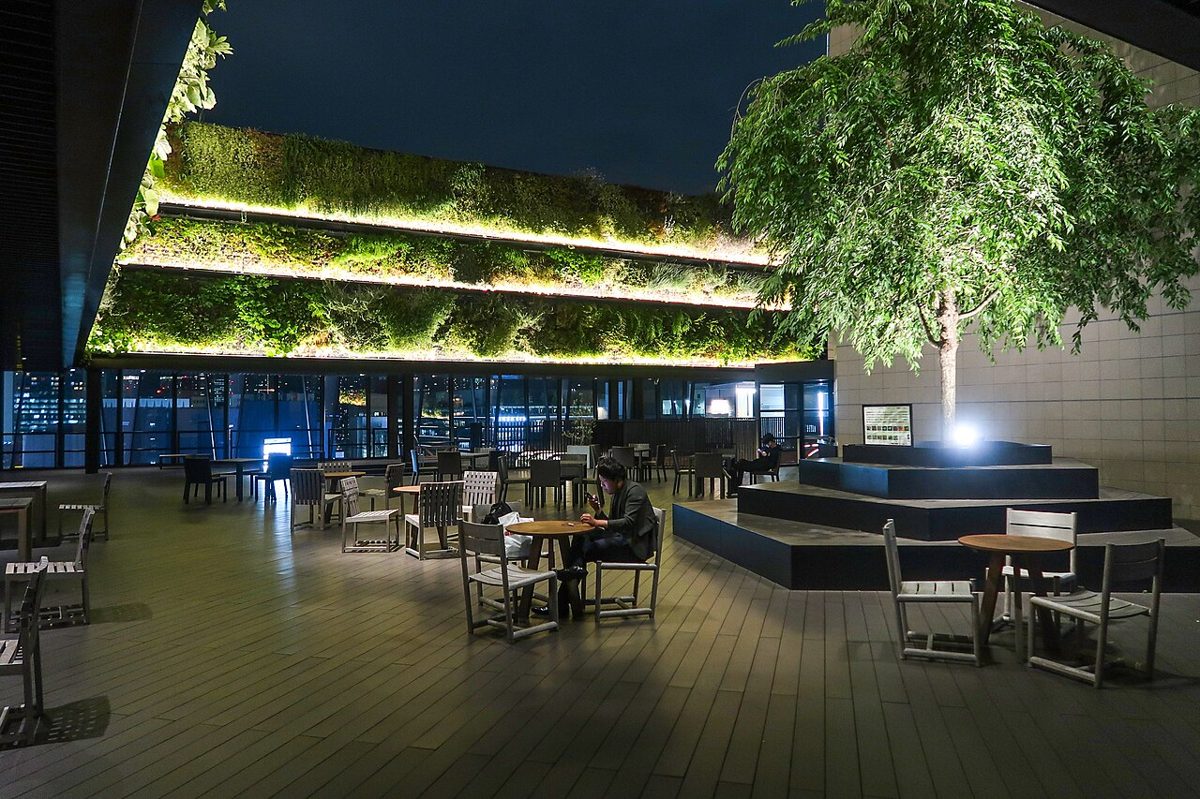 Tokyu Plaza Ginza with its rooftop Kiriko Terrace lit at night