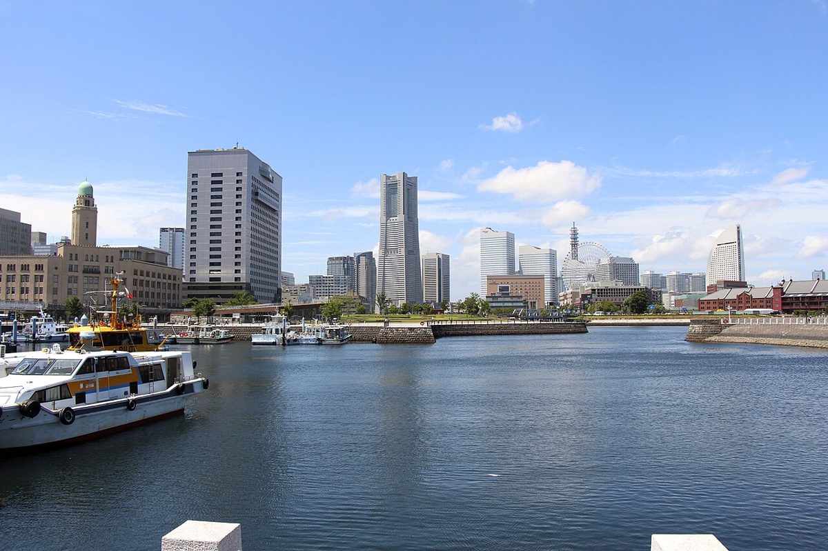 The Minato Mirai 21 waterfront skyline in Yokohama with the Landmark Tower and ferris wheel