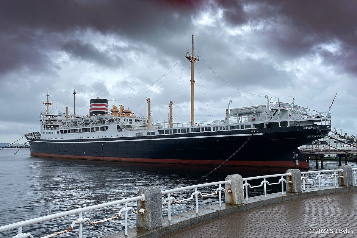 The Hikawa Maru ocean liner moored beside Yamashita Park in Yokohama