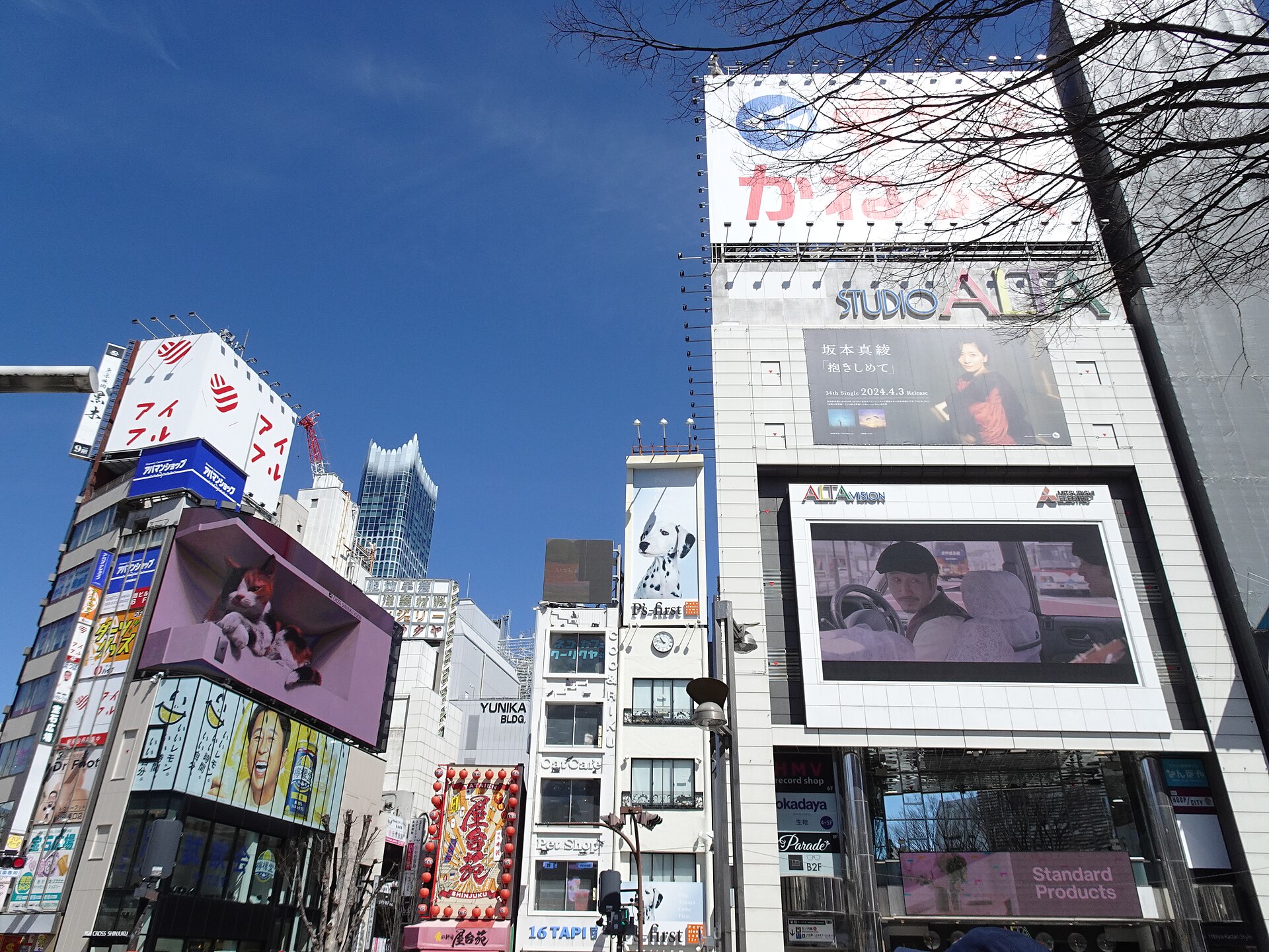 Buildings covered in giant video screens and advertising outside the east exit of Shinjuku Station, including the 3D cat billboard