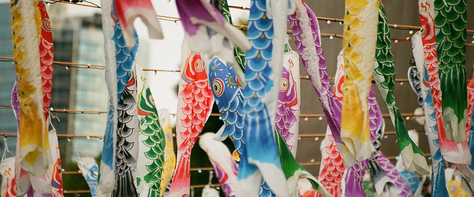 Colourful koinobori carp streamers hang in overlapping rows at Tokyo Tower during spring, with buildings behind them.