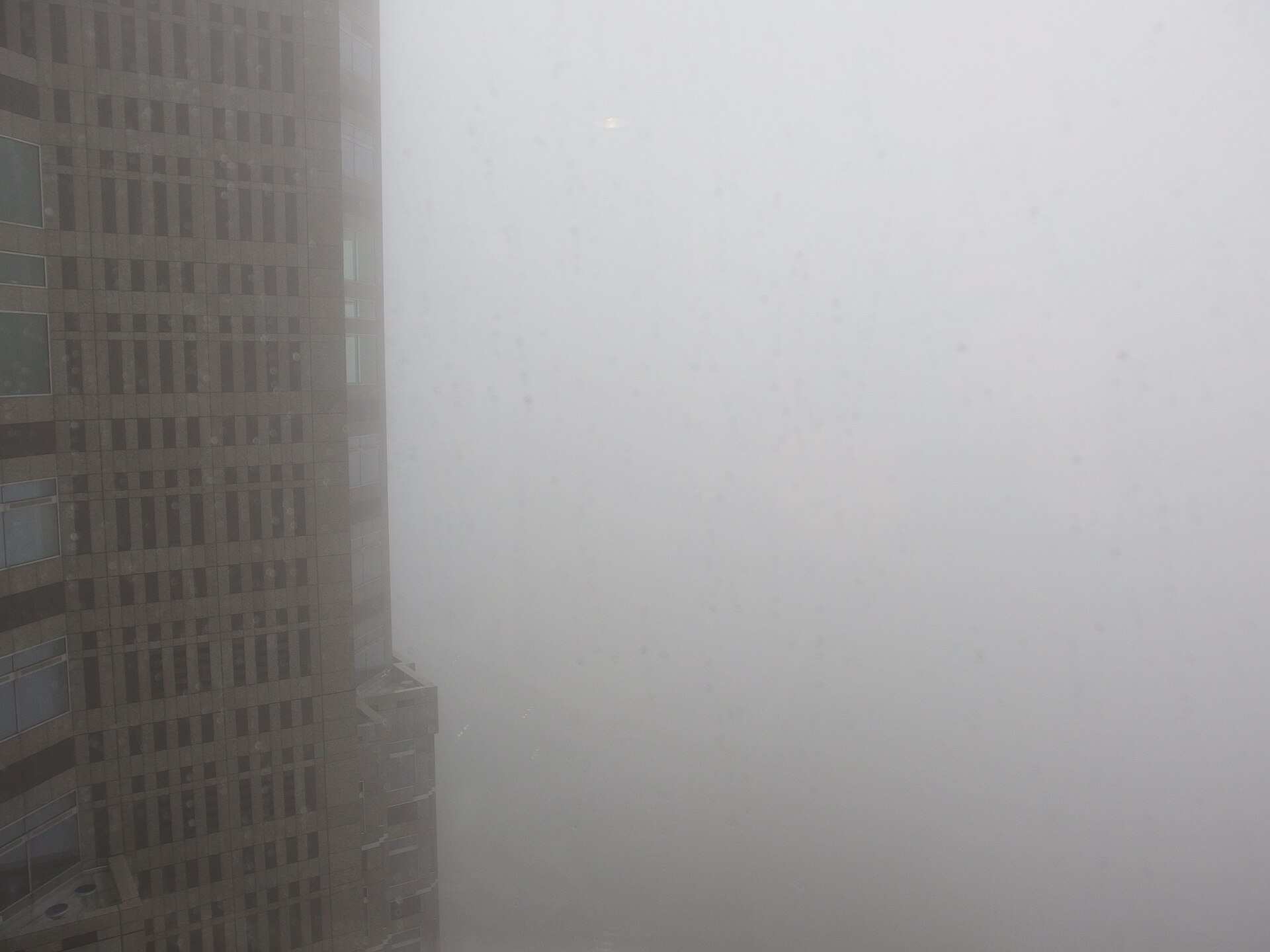 Thick fog outside the Tokyo Metropolitan Government Building observation deck, with only the neighbouring tower visible